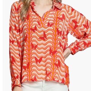 APNY Colorful Butterfly Johnny Collar Blouse Size XXL
